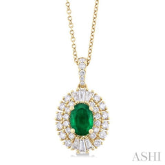 7x5 MM Oval Cut Emerald and 5/8 Ctw Baguette & Round Cut Diamond Precious Pendant With Chain in 14K Yellow Gold