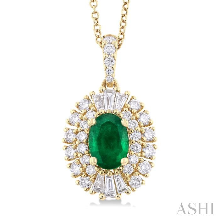 7x5 MM Oval Cut Emerald and 5/8 Ctw Baguette & Round Cut Diamond Precious Pendant With Chain in 14K Yellow Gold