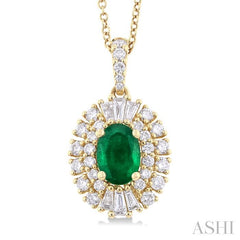 7x5 MM Oval Cut Emerald and 5/8 Ctw Baguette & Round Cut Diamond Precious Pendant With Chain in 14K Yellow Gold