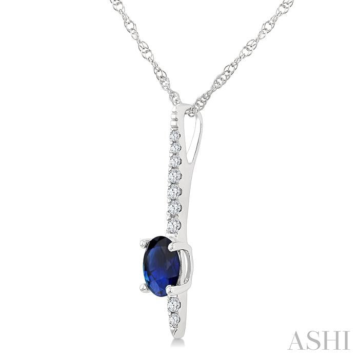 5x4 MM Oval Cut Sapphire and 1/20 Ctw Bar Round Cut Diamond Precious Pendant With Chain in 10K White Gold
