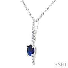 5x4 MM Oval Cut Sapphire and 1/20 Ctw Bar Round Cut Diamond Precious Pendant With Chain in 10K White Gold