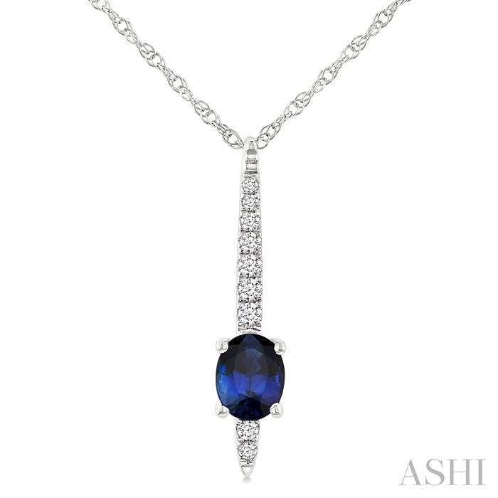 5x4 MM Oval Cut Sapphire and 1/20 Ctw Bar Round Cut Diamond Precious Pendant With Chain in 10K White Gold