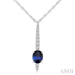 5x4 MM Oval Cut Sapphire and 1/20 Ctw Bar Round Cut Diamond Precious Pendant With Chain in 10K White Gold
