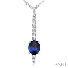 5x4 MM Oval Cut Sapphire and 1/20 Ctw Bar Round Cut Diamond Precious Pendant With Chain in 10K White Gold