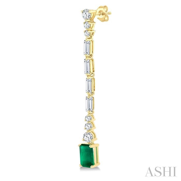 6x4 MM Octagon Shape Emerald and 1 Ctw Baguette and Round Cut Diamond Precious Long Earrings in 14K Yellow Gold