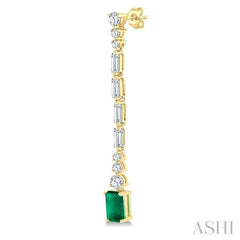 6x4 MM Octagon Shape Emerald and 1 Ctw Baguette and Round Cut Diamond Precious Long Earrings in 14K Yellow Gold