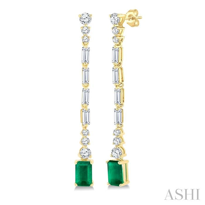 6x4 MM Octagon Shape Emerald and 1 Ctw Baguette and Round Cut Diamond Precious Long Earrings in 14K Yellow Gold