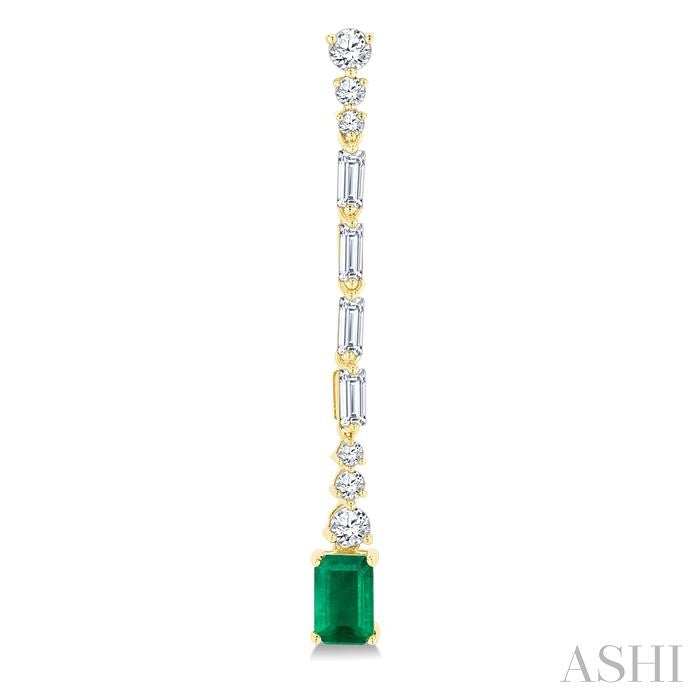6x4 MM Octagon Shape Emerald and 1 Ctw Baguette and Round Cut Diamond Precious Long Earrings in 14K Yellow Gold