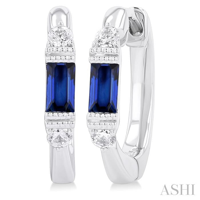 4X2 MM Baguette Cut Sapphire and 1/10 Ctw Round Cut Diamond Precious Hoop Earring in 10K White Gold