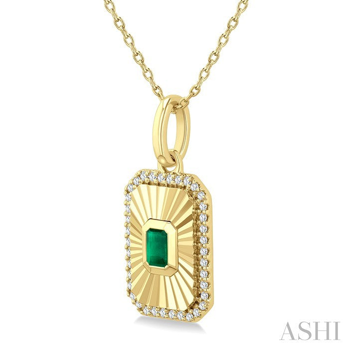 4X3 MM Octagon Shape Emerald and 1/8 Ctw Round Cut Diamond Precious Fluted Medallion Pendant in 10K Yellow Gold with Chain