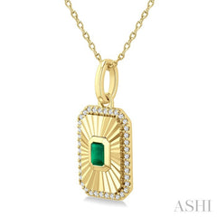 4X3 MM Octagon Shape Emerald and 1/8 Ctw Round Cut Diamond Precious Fluted Medallion Pendant in 10K Yellow Gold with Chain
