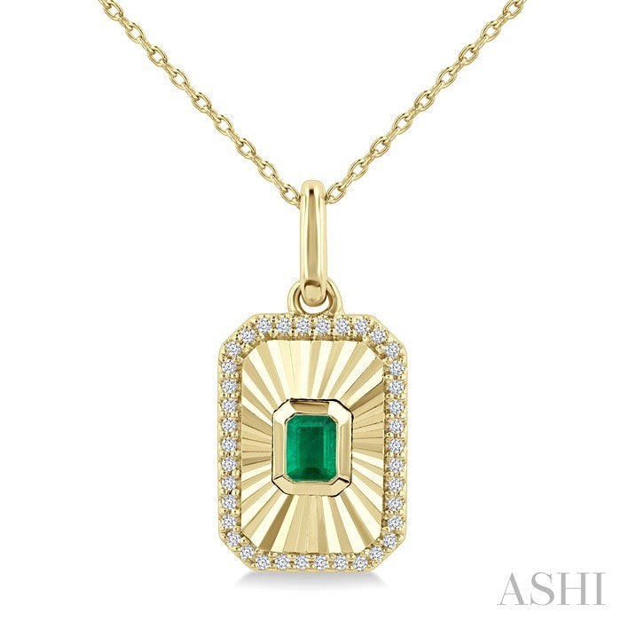4X3 MM Octagon Shape Emerald and 1/8 Ctw Round Cut Diamond Precious Fluted Medallion Pendant in 10K Yellow Gold with Chain