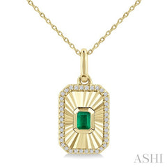 4X3 MM Octagon Shape Emerald and 1/8 Ctw Round Cut Diamond Precious Fluted Medallion Pendant in 10K Yellow Gold with Chain