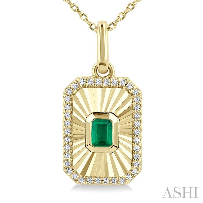 4X3 MM Octagon Shape Emerald and 1/8 Ctw Round Cut Diamond Precious Fluted Medallion Pendant in 10K Yellow Gold with Chain