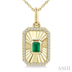 4X3 MM Octagon Shape Emerald and 1/8 Ctw Round Cut Diamond Precious Fluted Medallion Pendant in 10K Yellow Gold with Chain