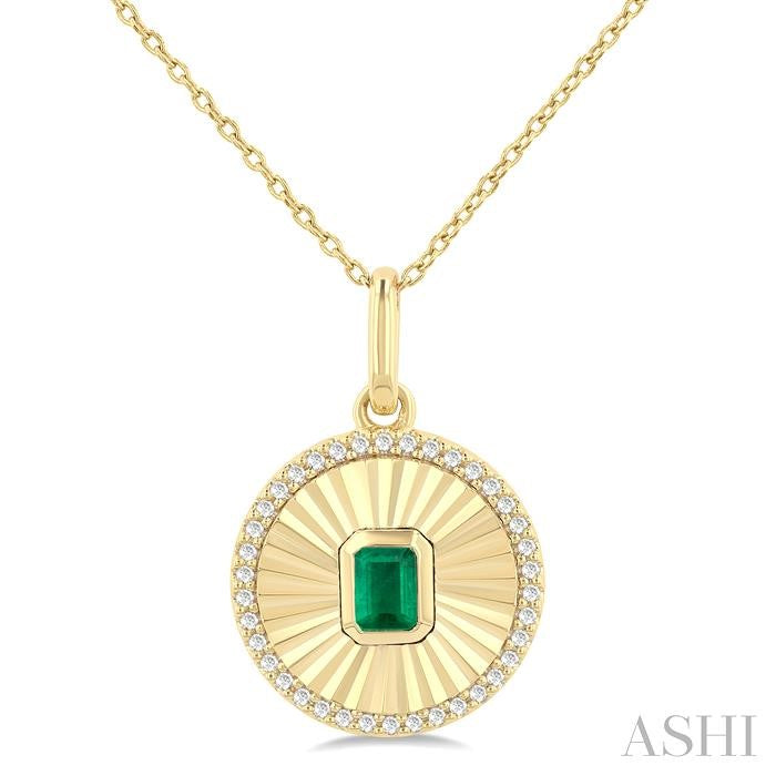 4X3 MM Octagon Shape Emerald and 1/8 Ctw Round Cut Diamond Precious Fluted Medallion Pendant in 10K Yellow Gold with Chain
