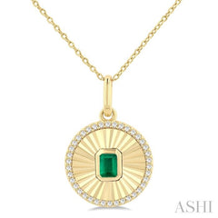 4X3 MM Octagon Shape Emerald and 1/8 Ctw Round Cut Diamond Precious Fluted Medallion Pendant in 10K Yellow Gold with Chain