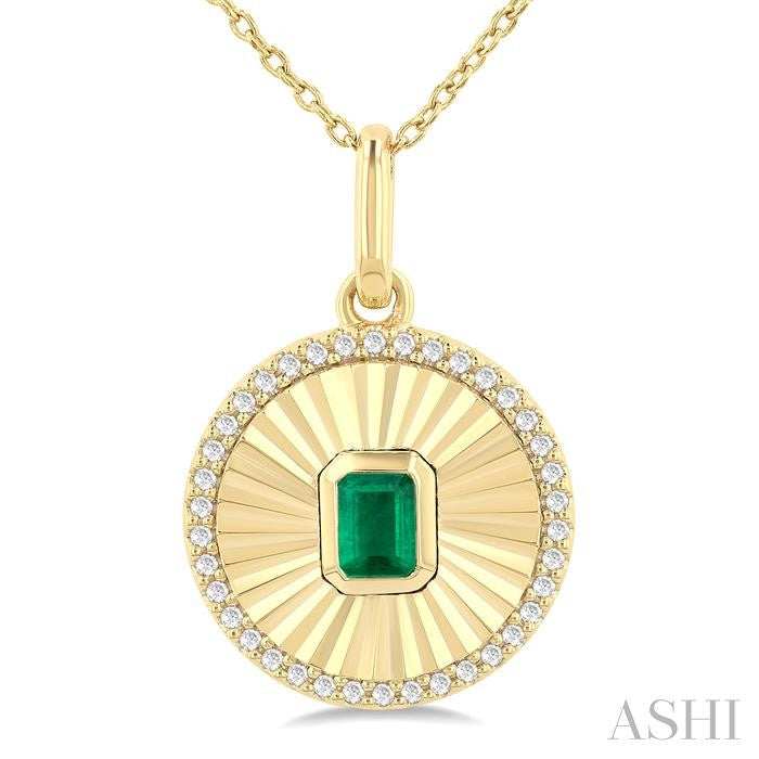 4X3 MM Octagon Shape Emerald and 1/8 Ctw Round Cut Diamond Precious Fluted Medallion Pendant in 10K Yellow Gold with Chain