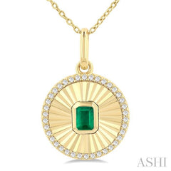 4X3 MM Octagon Shape Emerald and 1/8 Ctw Round Cut Diamond Precious Fluted Medallion Pendant in 10K Yellow Gold with Chain