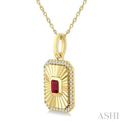 4X3 MM Octagon Shape Ruby and 1/8 Ctw Round Cut Diamond Precious Fluted Medallion Pendant in 10K Yellow Gold with Chain