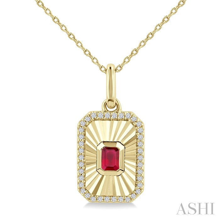 4X3 MM Octagon Shape Ruby and 1/8 Ctw Round Cut Diamond Precious Fluted Medallion Pendant in 10K Yellow Gold with Chain
