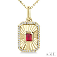 4X3 MM Octagon Shape Ruby and 1/8 Ctw Round Cut Diamond Precious Fluted Medallion Pendant in 10K Yellow Gold with Chain