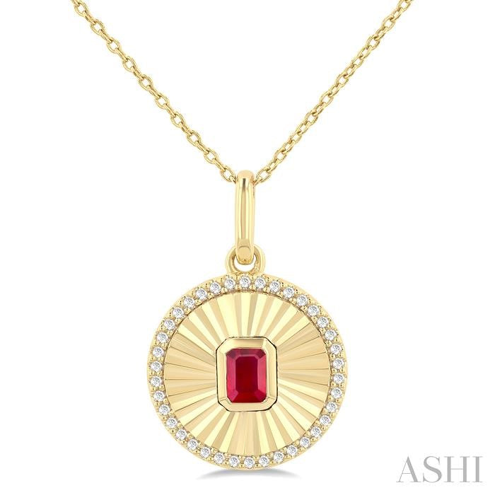 4X3 MM Octagon Shape Ruby and 1/8 Ctw Round Cut Diamond Precious Fluted Medallion Pendant in 10K Yellow Gold with Chain