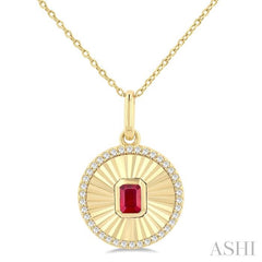 4X3 MM Octagon Shape Ruby and 1/8 Ctw Round Cut Diamond Precious Fluted Medallion Pendant in 10K Yellow Gold with Chain