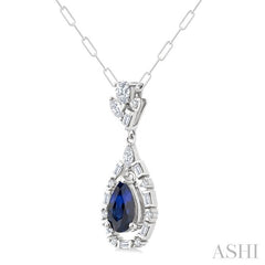 7x5 MM Pear Shape Sapphire and 1/3 Ctw Mixed Cut Diamond Precious Dangle Pendant With Chain in 14K White Gold