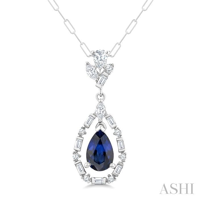 7x5 MM Pear Shape Sapphire and 1/3 Ctw Mixed Cut Diamond Precious Dangle Pendant With Chain in 14K White Gold