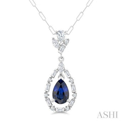 7x5 MM Pear Shape Sapphire and 1/3 Ctw Mixed Cut Diamond Precious Dangle Pendant With Chain in 14K White Gold