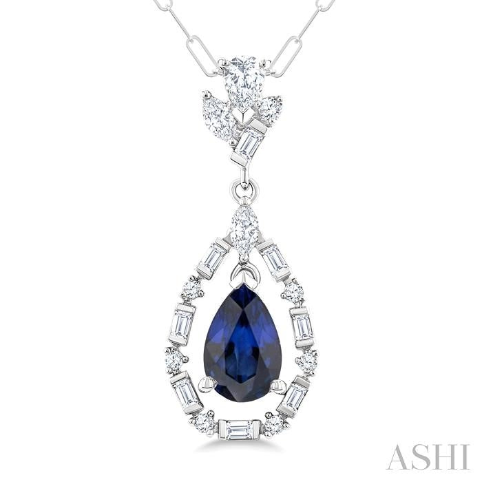 7x5 MM Pear Shape Sapphire and 1/3 Ctw Mixed Cut Diamond Precious Dangle Pendant With Chain in 14K White Gold