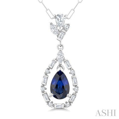 7x5 MM Pear Shape Sapphire and 1/3 Ctw Mixed Cut Diamond Precious Dangle Pendant With Chain in 14K White Gold