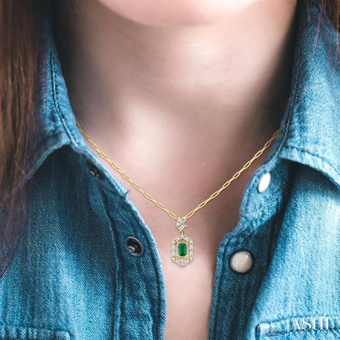 5x3 MM Emerald Cut and 1/3 Ctw Baguette & Round Cut Diamond Precious Fashion Pendant With Chain in 14K Yellow Gold