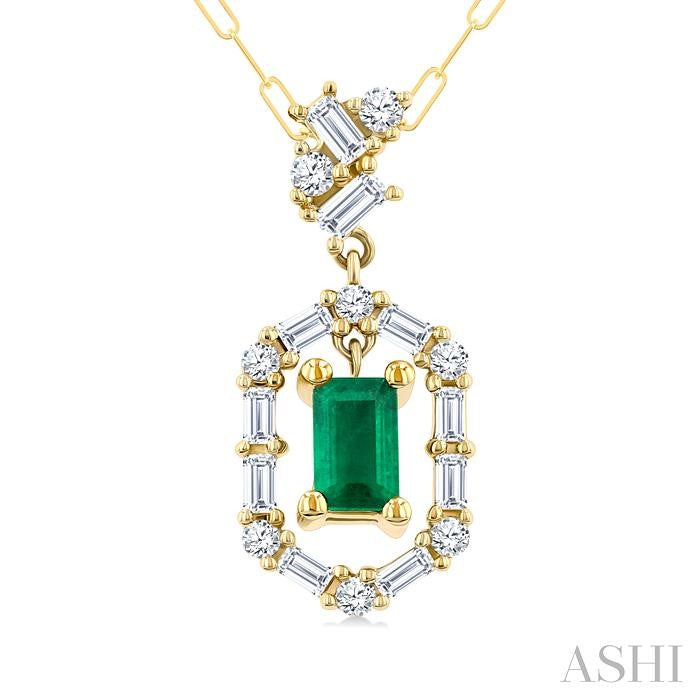 5x3 MM Emerald Cut and 1/3 Ctw Baguette & Round Cut Diamond Precious Fashion Pendant With Chain in 14K Yellow Gold