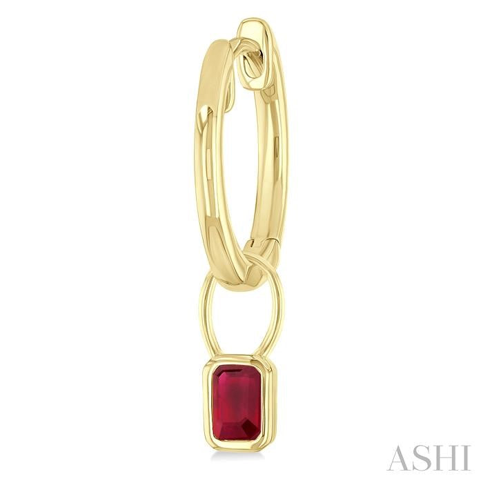 5x3 MM Bezel Set Emerald Cut Ruby Precious Fashion Huggie Earrings in 14K Yellow Gold