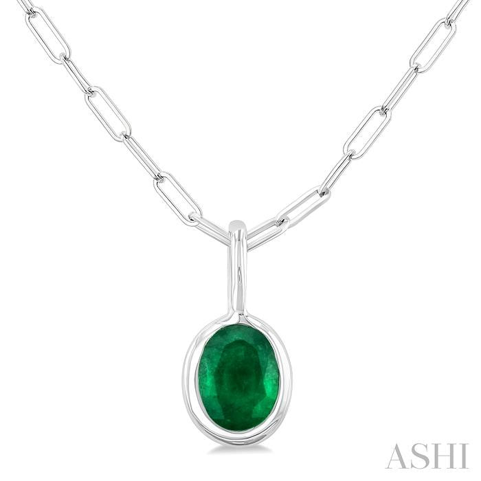 6x4 MM Bezel Set Oval Cut Emerald Precious Fashion Pendant With Paperclip Chain in 14K White Gold