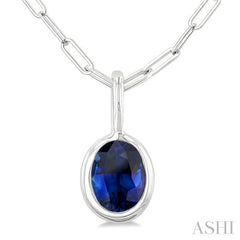6x4 MM Bezel Set Oval Cut Sapphire Precious Fashion Pendant With Paperclip Chain in 14K White Gold