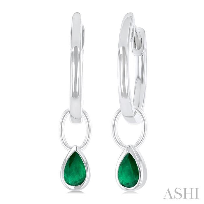 5x3 MM Bezel Set Pear Cut Emerald Precious Fashion Huggie Earrings in 10K White Gold