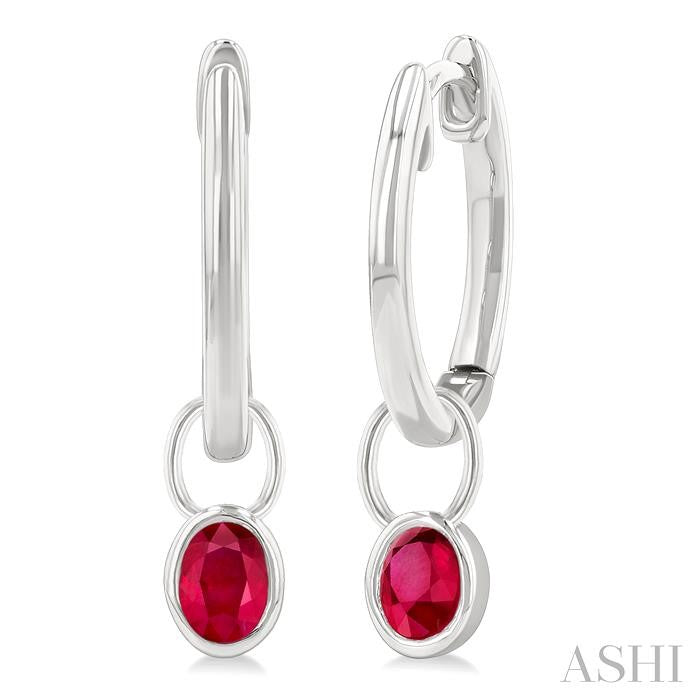 5x3 MM Bezel Set Oval Cut Ruby Precious Fashion Huggie Earrings in 10K White Gold