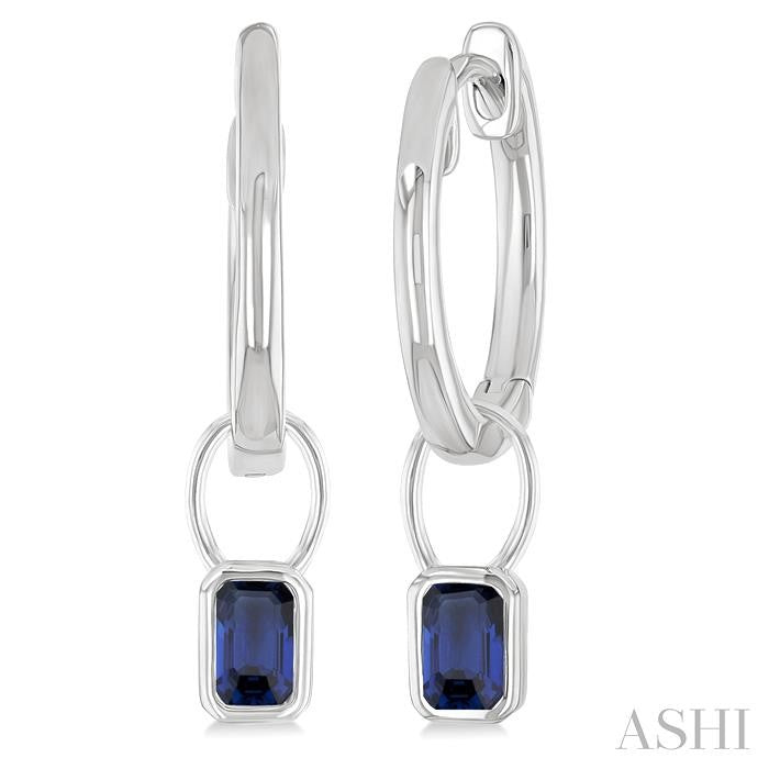 5x3 MM Bezel Set Emerald Cut Sapphire Precious Fashion Huggie Earrings in 10K White Gold