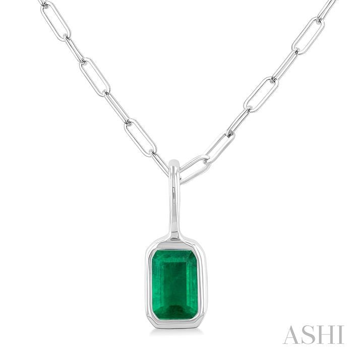 6x4 MM Bezel Set Emerald Precious Fashion Pendant With Paperclip Chain in 10K White Gold