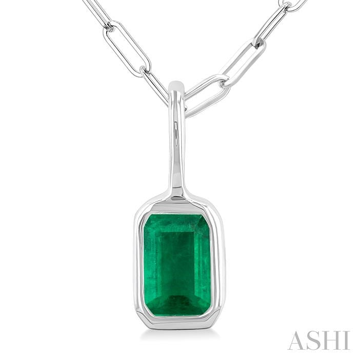 6x4 MM Bezel Set Emerald Precious Fashion Pendant With Paperclip Chain in 10K White Gold