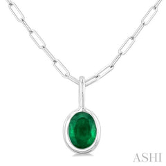6x4 MM Bezel Set Oval Cut Emerald Precious Fashion Pendant With Paperclip Chain in 10K White Gold