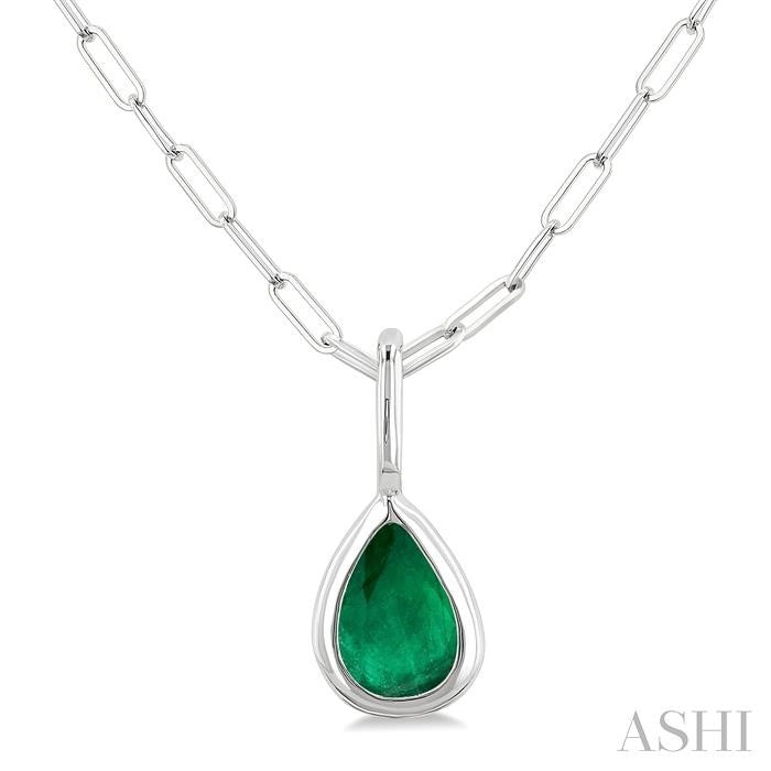 6x4 MM Bezel Set Pear Cut Emerald Precious Fashion Pendant With Paperclip Chain in 10K White Gold