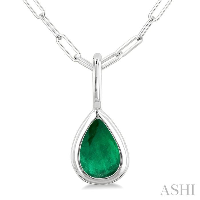 6x4 MM Bezel Set Pear Cut Emerald Precious Fashion Pendant With Paperclip Chain in 10K White Gold