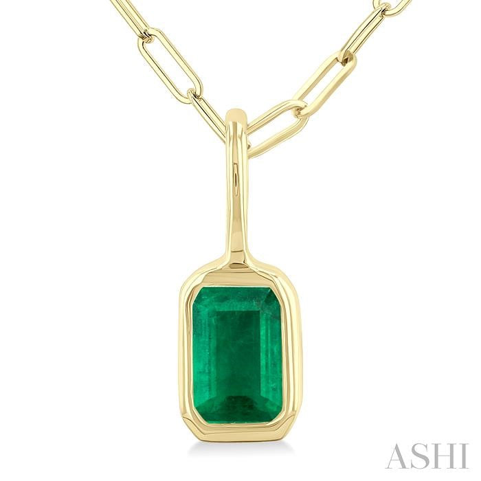 6x4 MM Bezel Set Emerald Precious Fashion Pendant With Paperclip Chain in 10K Yellow Gold