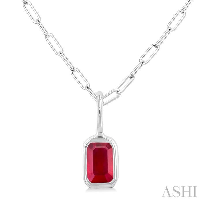 6x4 MM Bezel Set Emerald Cut Ruby Precious Fashion Pendant With Paperclip Chain in 10K White Gold