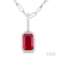 6x4 MM Bezel Set Emerald Cut Ruby Precious Fashion Pendant With Paperclip Chain in 10K White Gold