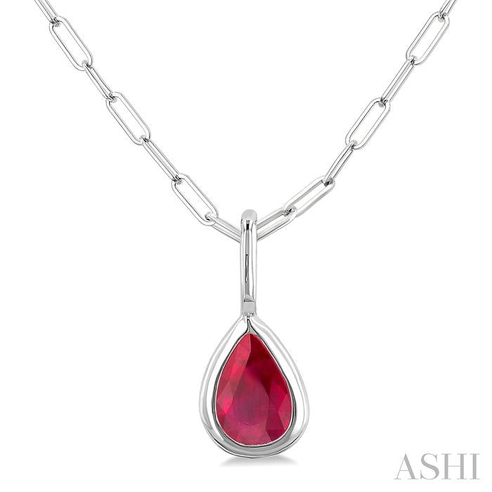 6x4 MM Bezel Set Pear Cut Ruby Precious Fashion Pendant With Paperclip Chain in 10K White Gold